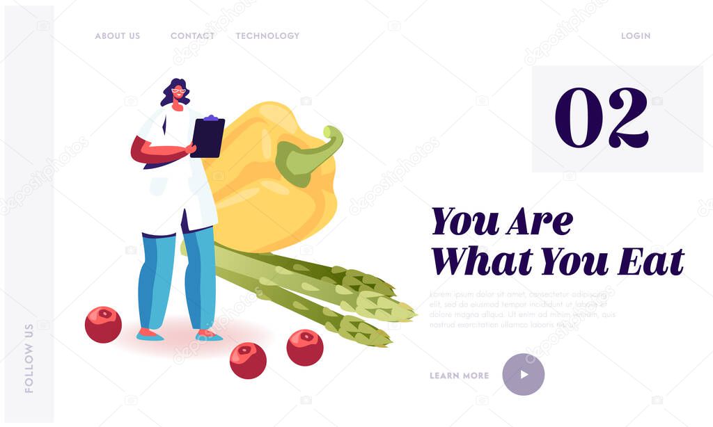 Dietology Science and Healthy Nutrition Website Landing Page. Female Doctor in White Robe Nutritionist Stand front of Huge Bell Pepper and Green Beans Web Page Banner. Cartoon Flat Vector Illustration