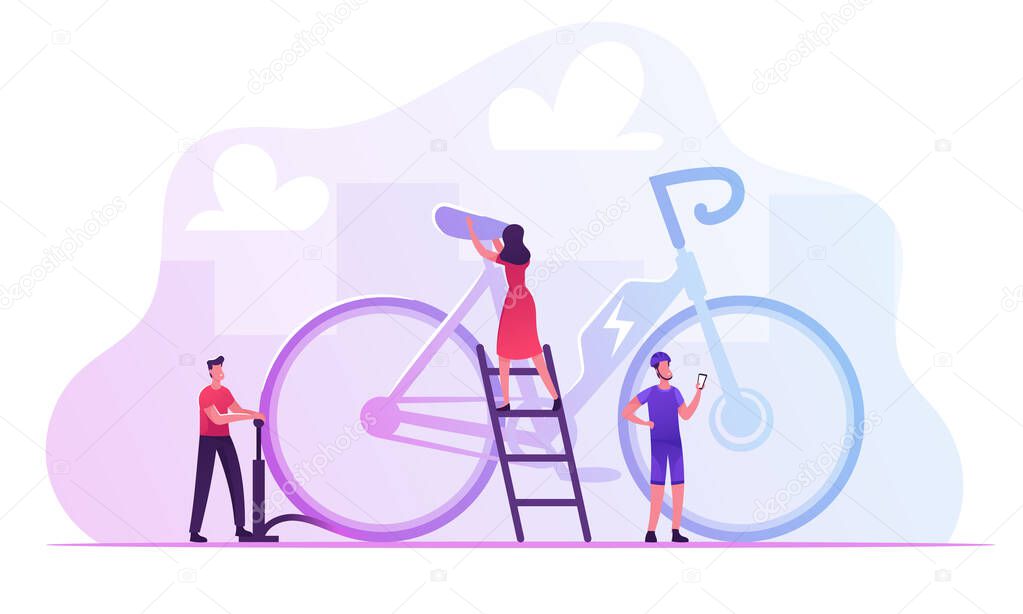 Tiny Male and Female Characters Maintenance Huge Electric Bike for Sportsman Driving. People Use Modern Bicycle, Organic Healthy Lifestyle, Alternative Green Energy Cartoon Flat Vector Illustration