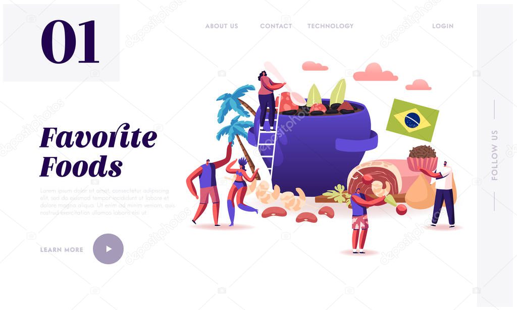 Brazilian Cuisine Website Landing Page. Characters and Brazil Dishes Feijoada Stew of Beans with Beef and Pork, Truffle Candy Brigadeiro, Fried Shrimps Web Page Banner Cartoon Flat Vector Illustration