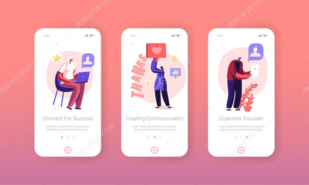 Support Customers Line Mobile App Page Onboard Screen Set. Hotline Operators Help Clients to Solve their Problems. Call Center Service Concept for Website or Web Page, Cartoon Flat Vector Illustration