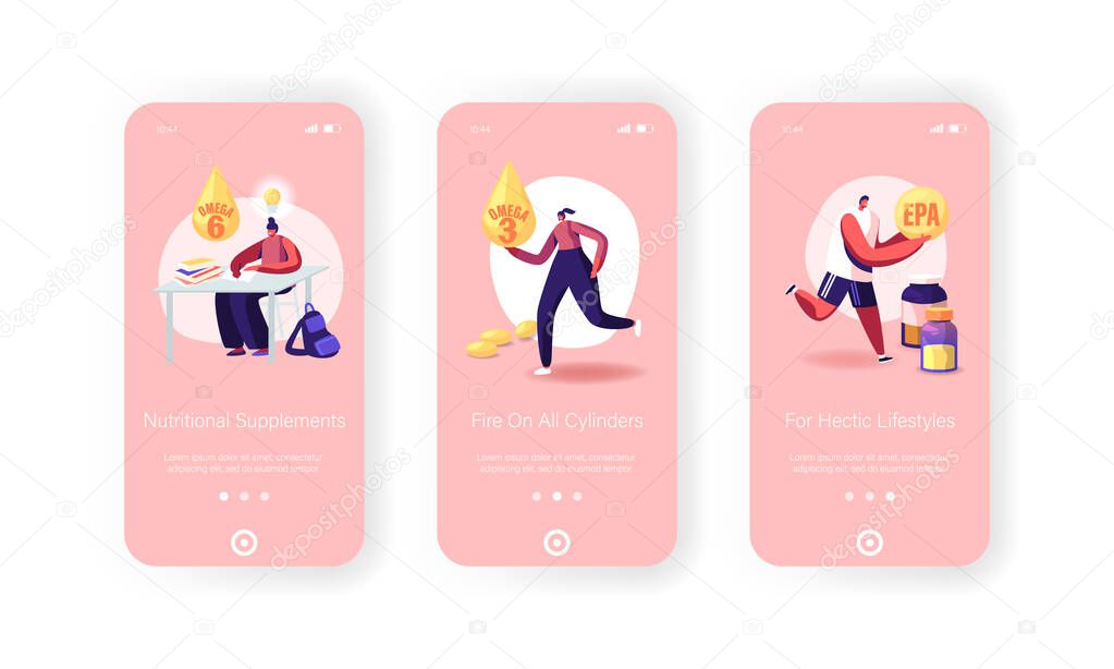 Omega 3 and 6 Oil Natural Supplements Mobile App Page Onboard Screen Set. Student and Sportsman Eating Vitamins for Health and Mind Concept for Website or Web Page, Cartoon Flat Vector Illustration