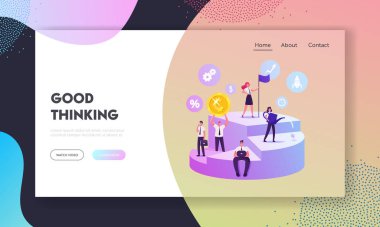 Hissedar Web Sitesi İniş Sayfası. İş Adamları Büyük Turta Çizelgesinde Ortakların Paylaşım Denetleme İlgisini, Azınlık Web Sayfa Afişini Gösteriyor. Çizgi film Düz Vektör İllüstrasyonu