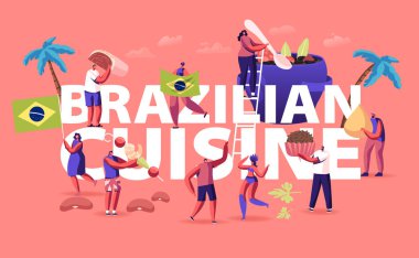 Brezilya Mutfak Konsepti. Karakterler Brezilya 'da Biftek ve Domuz etli Feijoada Bulaşık Güveci, Mantar Şekeri Brigadeiro Poster Broşürü. Çizgi film Düz Vektör İllüstrasyonu