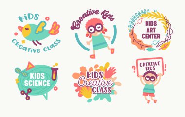Big Icons Set Kids Sanat Merkezi, Yaratıcı Sınıf, Bilim Sancakları veya Rozetler Beyaz Arkaplanda İzole Edildi. İlkel Biçim Karakterleri Typography, Logo Çizgi Filmi Düz Vektör İllüstrasyonlu Tasarım Elementleri
