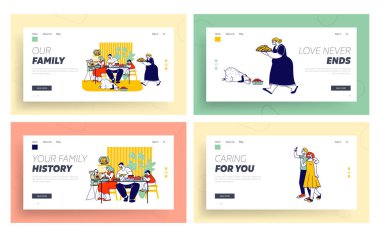Junk Food Web Sitesi İniş Sayfası Seti. Yağ Karbonhidratlı Aile Yiyici Ürünler. Anne Besleyen Bebek, Kalın Köpek Yerler, Büyükanne Aşçı Web Sayfası Afişi. Çizgi film Düz Vektör İllüstrasyonu, Satır Sanatı