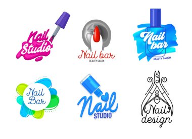 Büyük Çivi Sanatı Stüdyosu Simgeleri veya Logo Tasarımı. Parmak, Pembe Lehçe Sıçrama ve Tipografi ile Fırça. Kadın Manikür ve Pedikür Salonu Afiş Afişi Broşürü. Çizgi film Düz Vektör İllüstrasyonu