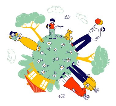 Green Earth Globe 'daki büyük mutlu aile büyükbabaları, anne babaları ve çocukları ve etrafta yeşil ağaçlar var. Baba Balon Tutuyor, Anne Küçük Bebek Çizgi Filmi Düz Vektör Çizgi Sanatı