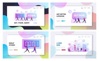Buy Now Kampanyası, İnsanlar Eko Bisiklet Taşımacılığı Web Sitesi İniş Sayfası Seti Kullanıyor. Alışveriş kolikler İnternet 'te alışveriş yapıyor, Eko Bisiklet Sağlıklı Yaşam Tarzı Web Sayfası Afişi. Çizgi film Düz Vektör İllüstrasyonu