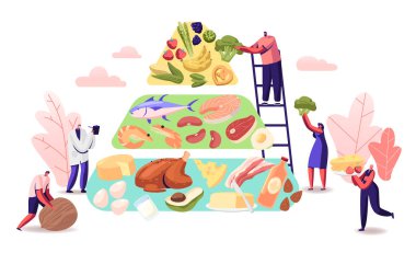 Ketogenic Diyet Konsepti. Karakterler İyi Yağ Kaynakları Seçimi Piramidi, Dengeli Düşük Karbonhidratlı Sebze Sebze, Balık, Et, Peynir, Sağlıklı Yeme Üzerine Fındık Kurdular. Çizgi film Düz Vektör İllüstrasyonu