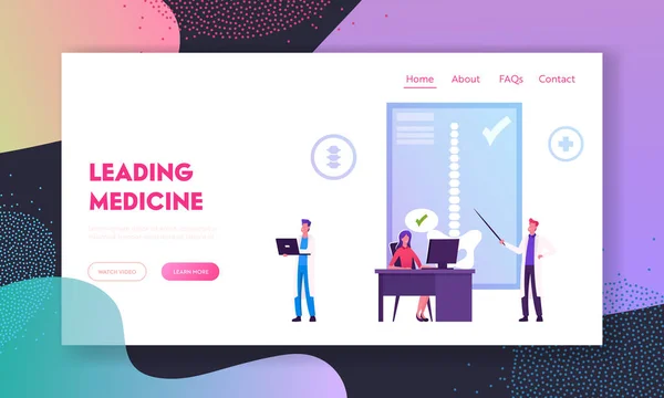 Scoliosis and Spine Deformation Website Landing Page. Woman Sitting at Desk in Correct Posture. Doctor Pointing Human Skeleton Healthy Backbone Web Page Banner. Cartoon Flat Vector Illustration — 스톡 벡터