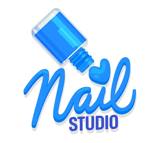 Nail Studio Icon o Tag Concept. Botella azul polaca y tipografía Manicura creativa o pedicura Etiqueta de salón de belleza para marca o cartel Folleto de pancartas Diseño Dibujos animados Ilustración de vectores planos — Vector de stock