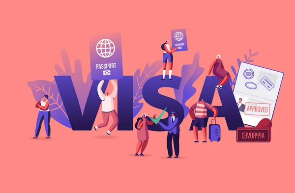 People Getting Visa Concept. Travelers and Tourists Making Document for Leaving Country and Travel Abroad. Foreign and Native Passport Poster Banner Flyer Brochure. Cartoon Flat Vector Illustration — 스톡 벡터