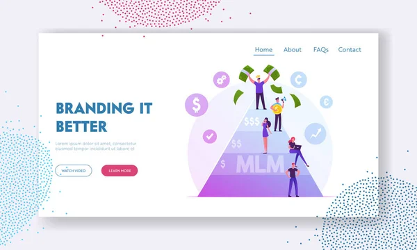 MLM. Multi Level Marketing Business Website Landing Page. People Stand on Different Levels of Finance Pyramid Hope to Earn Money, Enrichment Scheme Web Page Banner. Cartoon Flat Vector Illustration — 스톡 벡터