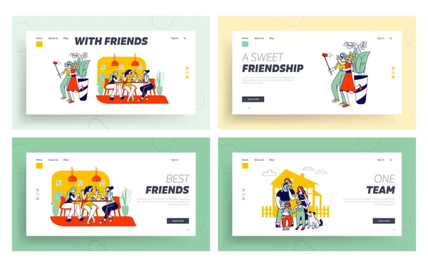 Novia Tiempo libre, adopción de niños Sitio web Landing Page Set. Felices relaciones amorosas familiares. Las niñas hacen selfie para publicar en el banner de la página web de Internet. Dibujos animados plana Vector Ilustración, Línea de Arte — Archivo Imágenes Vectoriales