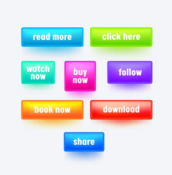 Набор красочных прямоугольных кнопок для дизайна интерфейса веб-сайта. Читать дальше, нажимать здесь, смотреть купить книгу сейчас, следить за мелкой типографикой. Вектор современного дизайна — стоковый вектор