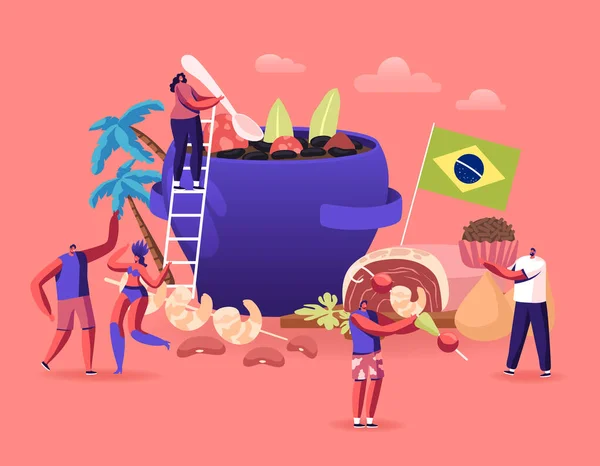 Brazilian Cuisine Concept. Tiny Male and Female Characters and Typical Brazil Dishes Feijoada Stew of Beans with Beef and Pork, Truffle Candy Brigadeiro, Fried Shrimps Cartoon Flat Vector Illustration — 스톡 벡터