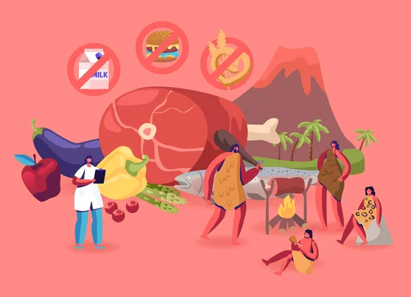 Paleo Diet Healthy Eating Concept. Cave People and Doctor Nutritionist Walking around of Products Separated Levels Fats Oils Seafood Meat Water Vegetables and Fruits. Cartoon Flat Vector Illustration — 스톡 벡터