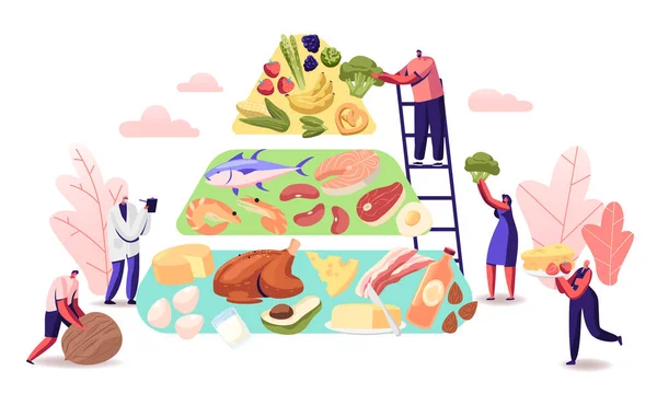 Concepto de dieta cetogénica. Los personajes establecen una pirámide de selección de buenas fuentes de grasa, vegetales equilibrados con bajo contenido de carbohidratos, pescado, carne, queso y frutos secos en una alimentación saludable. Dibujos animados plana Vector Ilustración — Archivo Imágenes Vectoriales