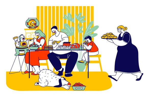 家庭食用高脂肪、高碳水化合物的不健康食物。 母亲、父亲和孩子们坐在桌旁，祖母端着托盘和面包店，厚重的狗在地板上吃卡通平面矢量图解，线条艺术 — 图库矢量图片