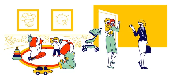 Babysitter en Nanny Occupation Concept. Kinderkamer Personen spelen met kinderen, Verzorging van pasgeboren peuters. Educatieve Beroep, Werken met baby 's Cartoon Flat Vector Illustratie, Line Art — Stockvector