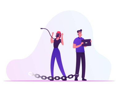 İnternet ve Sosyal Ağ Bağımlılığı. Genç Kadın Yüzünde Akıllı Telefonla, Tabletli Adam Metal Zincirle Bağlı. Topluluk Sorunu, Gadget Bağımlılığı Çizgi Filmi Düz Vektör İllüstrasyonu