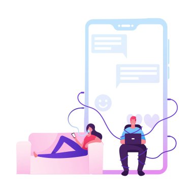 Kanepede oturan, yüzünde oksijen maskesi olan genç bir kadın, çok zeki bir telefona bağlandı. Dizüstü bilgisayarı olan adam cep telefonuyla Ekran Çizgisi Düz Vektör İllüstrasyonunda Sosyal Medya Mesajları ile bağlandı