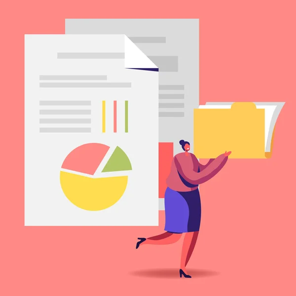 Audit Analysis Inspection Concept. Woman with Files Folder Analysing Accounting Data, Earnings Savings, Loan and Credit Spreadsheet. Bank Accounts for Financial Fraud Cartoon Flat Vector Illustration — 스톡 벡터