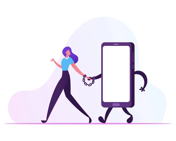 Gadget och nätverkande missbruk koncept. Ung Leende Kvinna Promenad Tillsammans med Enorma Smartphone Bunden Med Handbojor Hand av Hand Tonåring Livsstil Farliga Habit Cartoon Flat Vector Illustration — Stock vektor