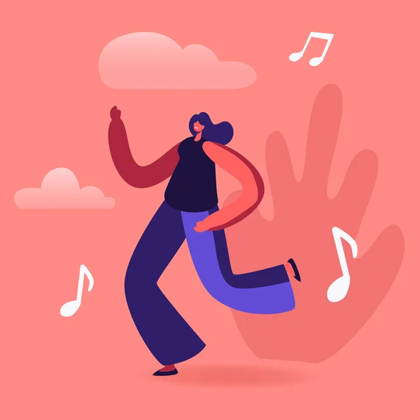 Young Woman Listen Music Dancing on Disco Party. Happy Girl in Fashioned Clothing Celebrating Holiday, Spending Time Moving to Sound Rhythm Happy Leisure and Sparetime Cartoon Flat Vector Illustration — 스톡 벡터
