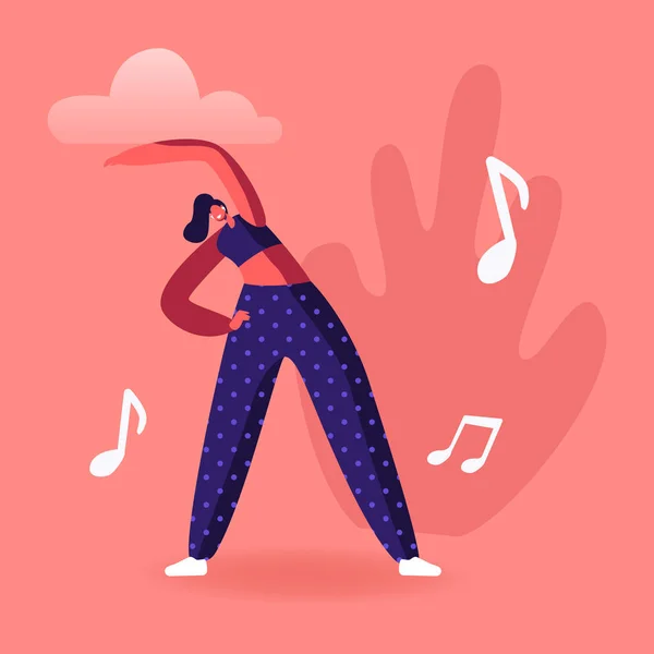 Slim Girl in Sports Wear Engajar Fitness ou Yoga Atividade Ouvindo Música com Aplicação Móvel. Mulher Esporte Saudável Estilo de Vida Aeróbica Pilates Treino Classe Cartoon Flat Vector Ilustração — Vetor de Stock