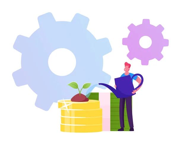 Investimento, Dívida de Refinanciamento, Conceito de Renda Bancária. Business Man Watering Plant Crescendo em Pilha de Moedas Douradas com Cogwheels ao redor. Personagem Plantio Dinheiro Riqueza Cartoon Plano Vetor Ilustração —  Vetores de Stock