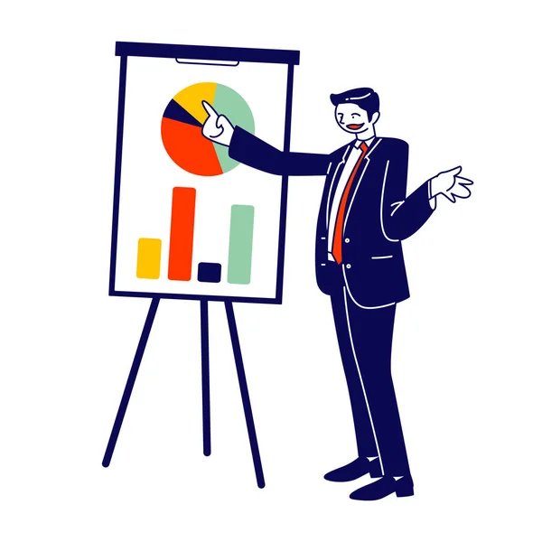 Konferenzraum für Seminar. Business Trainer gibt finanzielle Beratung Stand am Whiteboard mit Datenanalyse und Statistiken Diagramme und Grafiken Cartoon flache Vektorillustration, Zeilenkunst — Stockvektor