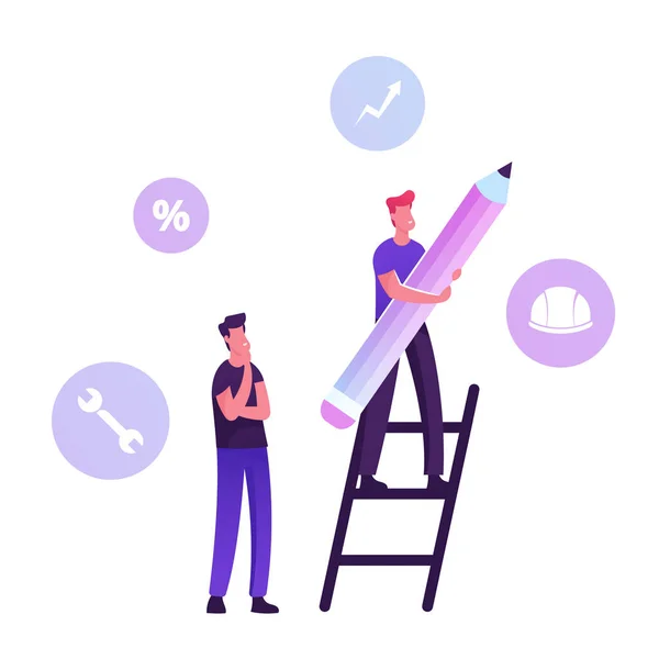 Uživatelská příručka Tutorial Concept. Man Stand on Ladder with Huge Pencil and Customer Support Icons around. Příručka pro psaní, technické pokyny nebo návod ke kreslení Ploché vektorové ilustrace — Stockový vektor
