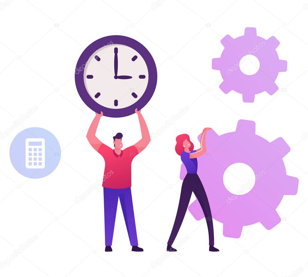 Businessman Holding Huge Clock. Business Woman Moving Cogwheels Mechanism. Time is Money, Loan Refinance and Return on Investment Concept. Time Management Process Cartoon Flat Vector Illustration