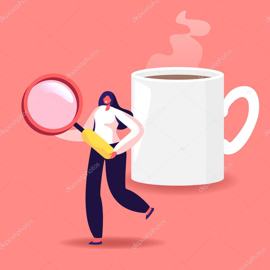 Auditing Research and Data Analysis Concept. Woman Auditor Holding Huge Magnifying Glass During Examination of Financial Report. Tax Process, Project Management Cartoon Flat Vector Illustration