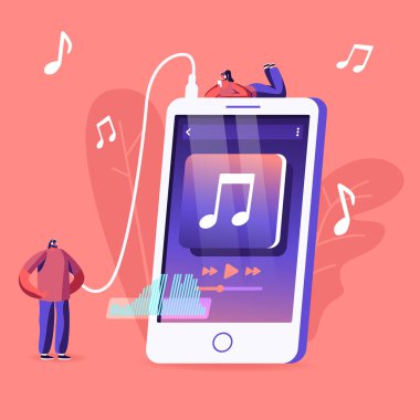 Gençler Cep Telefonu Uygulaması Konseptinde Müzik Dinliyor. Küçük Erkek ve Kadın Karakterler Kulaklık Takıyor Ses Kompozisyonu, Dans ve Rahatlatıcı Çizgi Film Düz Vektör İllüzyonu