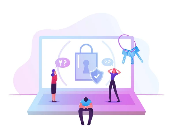 Sad Confused Man Sitting near Huge Laptop with Padlock and Shield on Screen Trying to Remember Lost Password for Profile and Account in Internet. Woman Holding Head Cartoon Flat Vector Illustration — Stock Vector