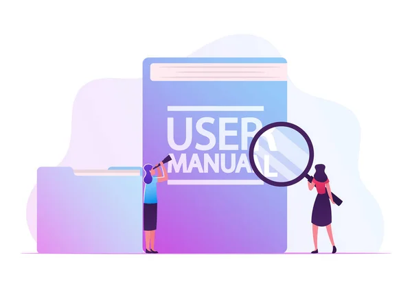 Manual do Usuário, Manual de Guia ou Conceito de Instrução Técnica. Meninas minúsculas olhando através de lupa e Spyglass em enorme manual com orientação e usuários Tutoriais Cartoon Flat Vector Ilustração —  Vetores de Stock