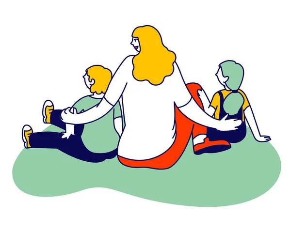 Жінка з дітьми, які сидять на підлозі, дивиться на маріонеткове шоу або відпочиває в міському парку. Young Mother with Son and Daughter Weekend Relax, Maternity Cartoon Flat Vector Illustration, Line Art — стоковий вектор