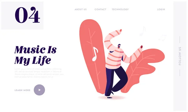 Pagina di destinazione del sito Web di applicazioni musicali mobili. Young Man Dancing Sparetime and Active Lifestyle, personaggio maschile trascorre del tempo muovendosi al Disco Dance Web Page Banner. Illustrazione del vettore piatto del fumetto — Vettoriale Stock