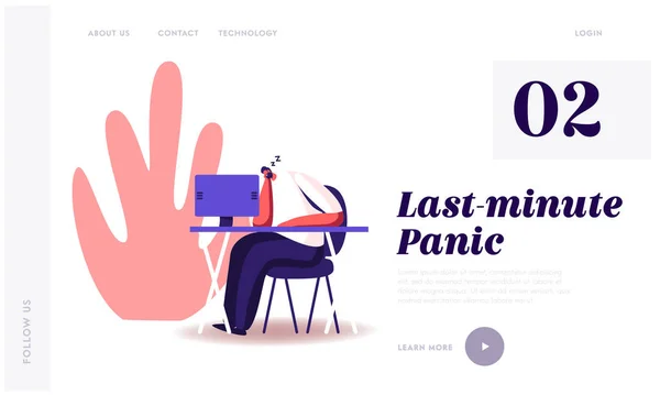 Procrastination, Overwork Burnout Symptom Website Landing Page. Lazy or Tired Overload Businessman with Low Life Energy Sleeping at Working Place Web Page Banner. Cartoon Flat Vector Illustration — 스톡 벡터