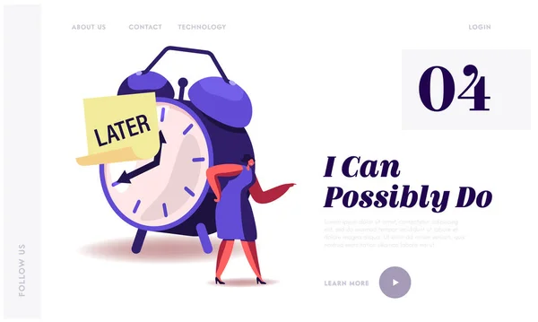 先延ばし、遅延悪い時間管理のウェブサイト着陸ページ。怒っているビジネスマンの女性は後でダイヤルウェブページ上の単語と付箋で巨大な目覚まし時計に立つ｜バナー漫画フラットベクトルイラスト — ストックベクタ