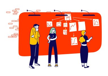 İnsanlar Büyük Organizatör Çalışma Duvarı Planlama ve Analiz Süreci Üzerine Kağıtlar Yapıştırıyor. Çevik Gelişim Metodolojisi, Scrum Görev Kurulu Akıl Haritası. Çizgi film Düz Vektör İllüstrasyonu, Satır Sanatı