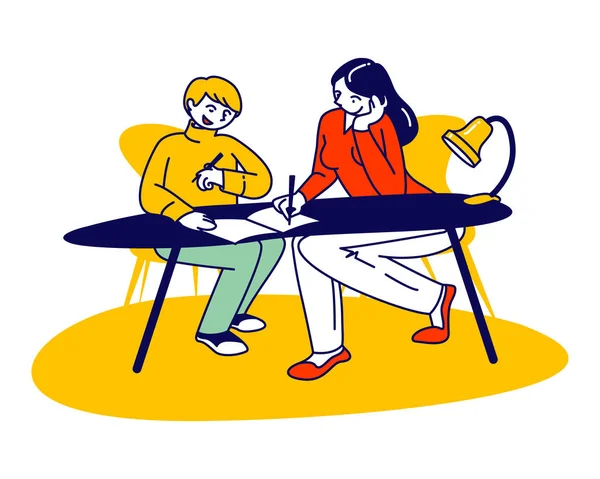 Conceito de ensino em casa. Mulher nova e Schoolboy Sentado na mesa, Professora Personagem Feminina ou Mãe Explicar para Menino Lição, Ajudar a fazer lição de casa para a escola. Desenhos animados plana Vector Ilustração, Line Art —  Vetores de Stock