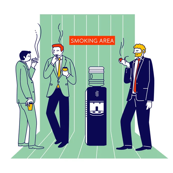 Smoking Addiction and Bad Unhealthy Habit Concept. Male Characters, Office Employee Stand at Water Cooler Drinking Coffee and Smoke Cigarettes Social Problem Cartoon Flat Vector Illustration, Line Art — Stock Vector