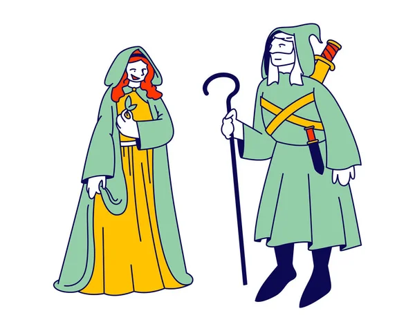 Średniowieczne postacie mężczyzna i kobieta w starożytnej długiej sukience z kapturem na głowie. Mężczyzna Osobowość Holding Staff, Kobieta z zielonymi liśćmi w ręku, Fairy Tale Cartoon Flat Vector Ilustracja, Line Art — Wektor stockowy