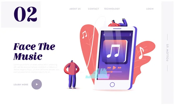 Young People Listen Music on Mobile Phone Website Landing Page. Characters Wearing Headphones Enjoying Sound Composition, Dancing and Relaxing Web Page Banner. Cartoon Flat Vector Illustration — 스톡 벡터