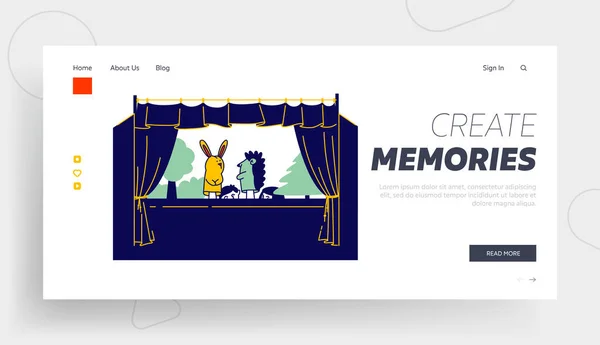 Artist Performing Puppet Show Website Landing Page. Theater Performance for Children, Happy Family Recreation and Amusement Spare Time Web Page Banner. Cartoon Flat Vector Illustration, Line Art — 스톡 벡터