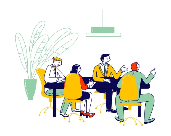 Réunion du conseil d'administration pour discuter de la stratégie de l'entreprise et obtenir des consultations financières. Hommes d'affaires et femmes d'affaires assis à la table Écouter Séminaire Cartoon Flat Vector Illustration Line Art — Image vectorielle