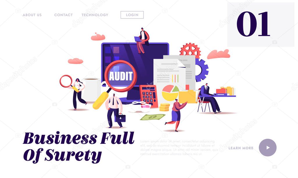 Financial Administration and Audit Website Landing Page. Analysis, Statistics and Business Statement. Accounting Report Auditing Tax Process Paperwork Web Page Banner. Cartoon Flat Vector Illustration